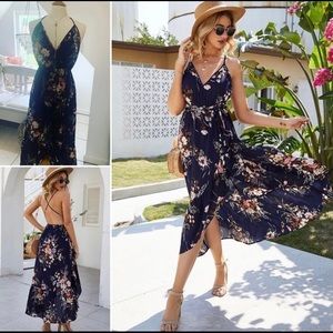Floral + navy halter style maxi dress. Gorgeous!